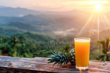 Glass of orange juice is on a wooden table with a pineapple next to it
