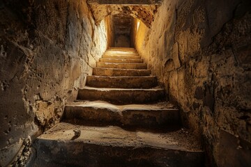 Obraz premium Stone steps ascending from darkness towards a light source in a mysterious, ancient structure