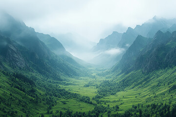 Obraz premium Misty Mountain Valley Verdant Landscape Scene