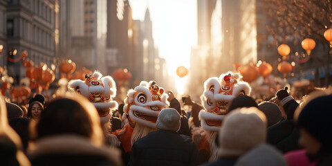 A lively lion dance performance amidst a bustling city street during sunset, featuring vibrant...