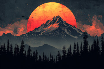Majestic Mountain Silhouette Against a Fiery Sunset Sky