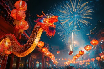 Fototapeta premium A captivating dragon dance performed in the streets at night, illuminated by glowing lanterns and vibrant fireworks bursting in the sky, symbolizing the celebration of the Year of the Snake.