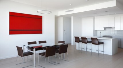 Modern dining area featuring a sleek table and minimalist decor.
