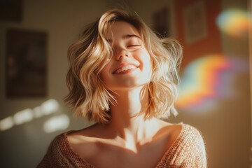 Young woman with short wavy platinum blonde hair twirling in sunlight