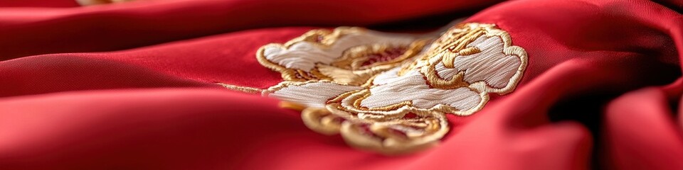 Naklejka premium Intricate dragon and cloud embroidery on a crimson jacket, macro photography highlighting the vibrant details, traditional elegance.