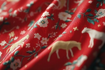 Detailed embroidery of zodiac animals in gold on a vibrant red scarf, rich textures illuminated by...