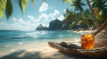 Beachside Serenity, a hammock swaying gently, a captivating book in hand, refreshing iced tea nearby, inviting relaxation and escape