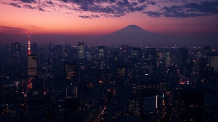 Obraz premium Cityscape view with Fuji at sunset.