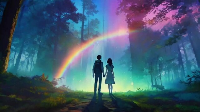 A couple stands in a mystical clearing mist that reflects iridescent rainbows, ethereal glow over the forest, 2D flat anime style illustration, 4k landscape animation video