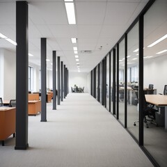 A blurred background of an empty, contemporary office space sets scene for a professional environment with clean lines and modern design