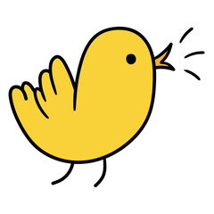 Hand drawn cartoon cute yellow chicken singing on white background.