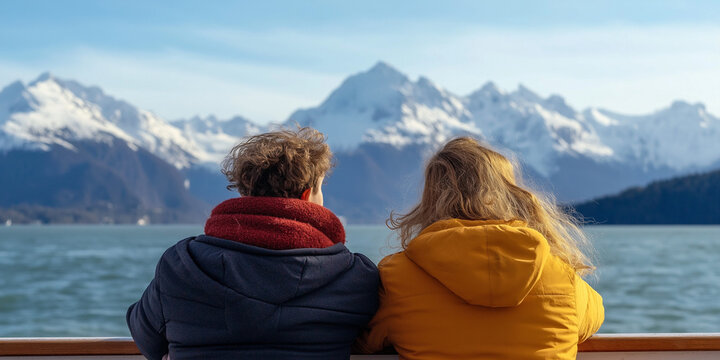 A serene moment captured as a couple sits on a boat, gazing at a picturesque snow-covered mountain landscape, embodying adventure and companionship.