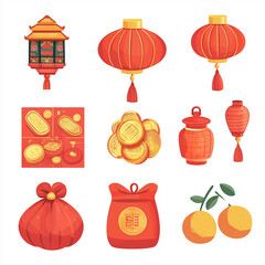 A set of cartoon Chinese New Year elements, including bright red envelopes, firecrackers, lanterns, bright gold ingots, oranges, and more made with generative AI