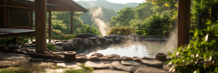 A steaming hot spring nestles serenely among green foliage and nature, providing a calming and rejuvenating environment with soothing mineral-rich waters.