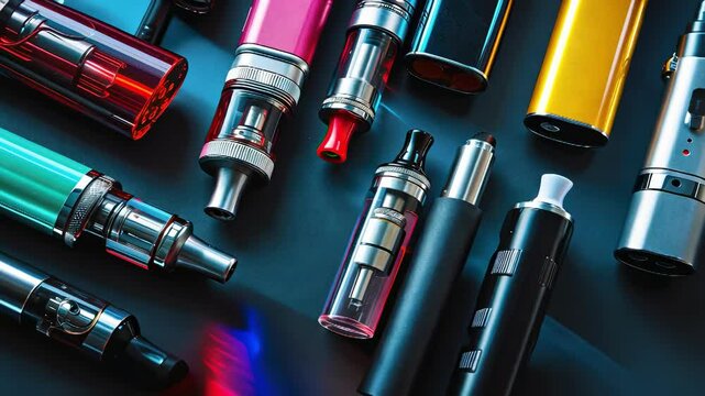 A set of multi-colored disposable electronic. Concept of modern smoking, vaping and nicotine.