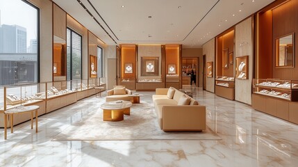 Luxurious Jewelry Showroom, featuring sparkling displays, sophisticated seating, and personalized customer consultations in an upscale environment