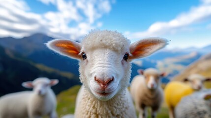 Obraz premium A delightful scene showcasing a group of sheep in a picturesque mountain meadow. The clear blue sky and vibrant landscape add charm and vitality to their serene presence.