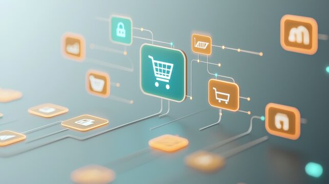 Modern e commerce interface with vibrant icons and shopping cart symbol