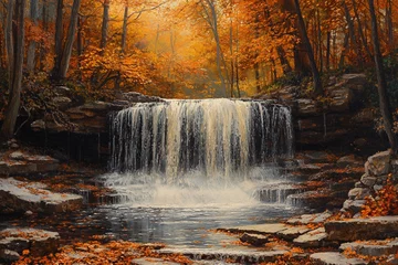 Rideaux Cascades Autumn Waterfall Scene in a Forest of Orange and Brown Leaves  © Design Adelsa
