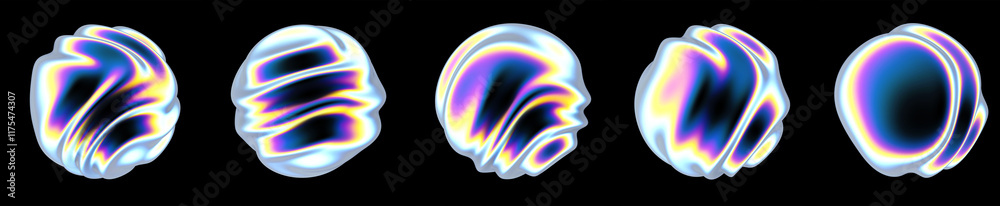 Poster Set of glitched holographic 3D spheres and blobs with ripples. Bold brightly colored illustrations in futuristic surreal style.