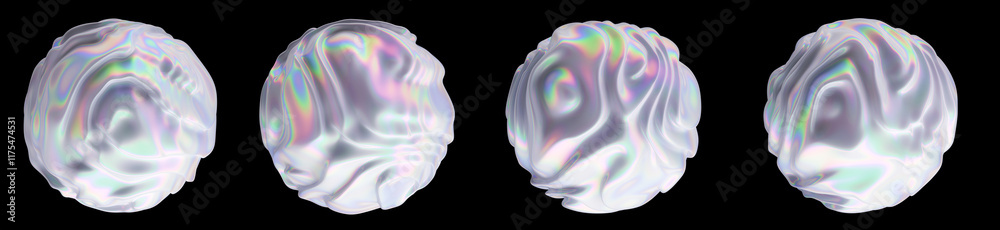 Poster Set of glitched holographic 3D spheres and blobs with ripples. Bold brightly colored illustrations in futuristic surreal style.