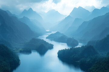 Obraz premium Serene Blue Mountains Lake Landscape Scene