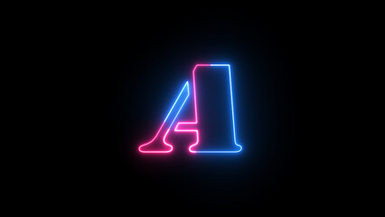 Purple and blue neon font letter A on black background. Neon capital letter alphabet A.