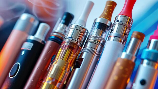 A set of multi-colored disposable electronic. Concept of modern smoking, vaping and nicotine.