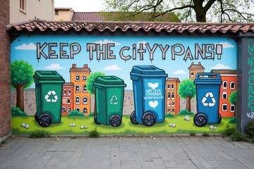 A colorful street art mural promoting recycling and waste separation. The background shows a vibrant urban landscape with buildings and trees, encouraging people to keep the city clean