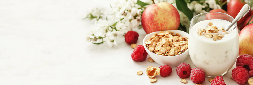 A healthy breakfast setup featuring a bowl of creamy yogurt topped with crunchy granola, fresh raspberries, and apples, accompanied by blooming flowers.