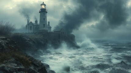 Historic lighthouse standing resilient on a rugged coast, waves crashing dramatically, keeper's house nearby, enveloped in misty horizon.