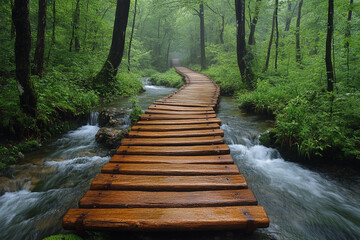 Obraz premium Wooden walkway meanders through a lush green forest