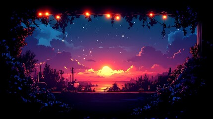 Naklejka premium Serene Sunset Landscape Framed By Lush Nighttime Foliage