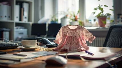 A pink polka dot dress with white long sleeves and collar
