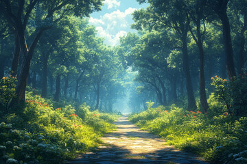 Obraz premium Sunlit Path Through Lush Green Summer Forest