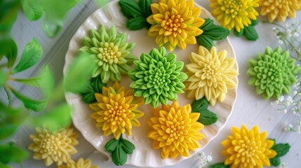 A set of yellow and green chrysanthemum flowers made from playdough, sittyellow and green dahlia flowers
