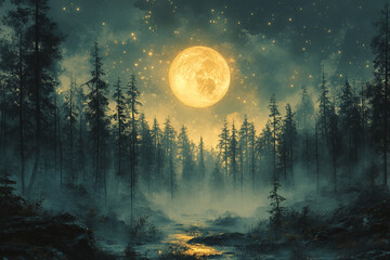 Mystical Forest Night Scene Underneath A Large Full Moon