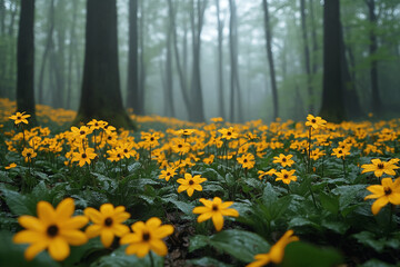 Obraz premium Yellow wildflowers bloom in a misty forest