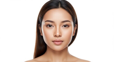 Obraz premium Radiant Nusantarian Young Asian Woman with Flawless Skin, Natural Makeup, and Elegant Pose Against a Clean White Background
