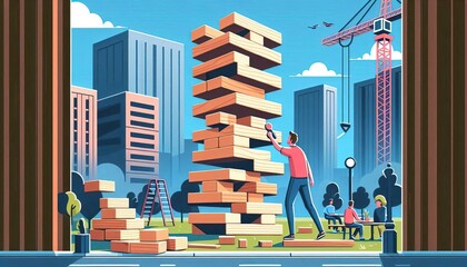 Man carefully removing wooden block from giant jenga tower in city park