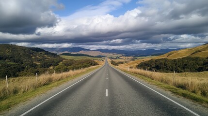 Naklejka premium An open road stretching into the horizon with dramatic clouds above, inviting exploration and freedom