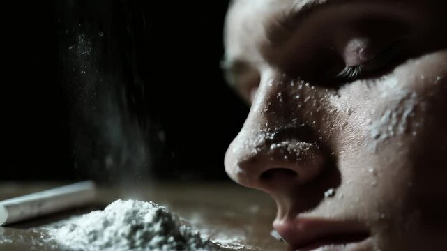 Man sniffing cocaine from table, man illustrating addiction with cocaine powder and intensity.