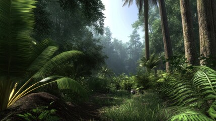 Fototapeta premium Lush forest scene with dense greenery and sunlight filtering through.