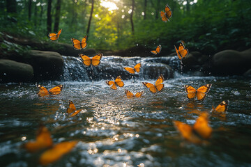 Monarch Butterflies Flying Over a Forest Stream