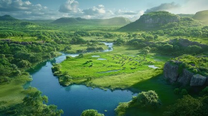 Serene landscape: river, green valley, animals grazing.