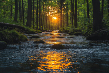 Obraz premium Sunset illuminating a forest stream flowing through trees