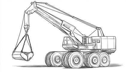A hand-drawn sketch of a crane with a clamshell bucket suspended from chains. Ideal for construction or industrial illustrations.