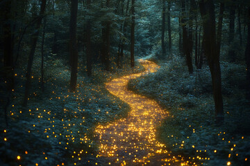Obraz premium Firefly Lit Path Winding Through A Dark Forest