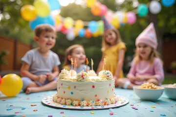 A child blowing out candles on a birthday cake surrounded by friends. The room is decorated with bright balloons and a big "Happy Birthday" sign on the wall