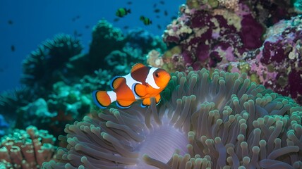 A vibrant clown fish is happily swimming in a colorful coral reef